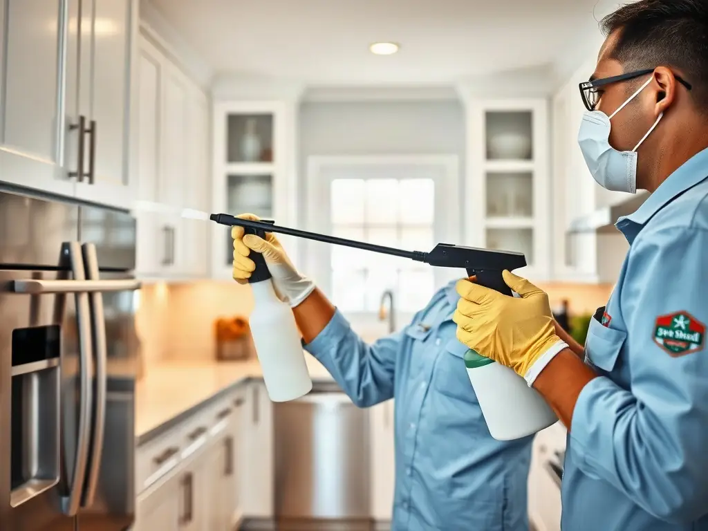 A professional pest control technician in uniform applying eco-friendly pest treatment in a modern residential kitchen, with visible safety equipment and branded Span Shield logo, conveying trust and expertise.