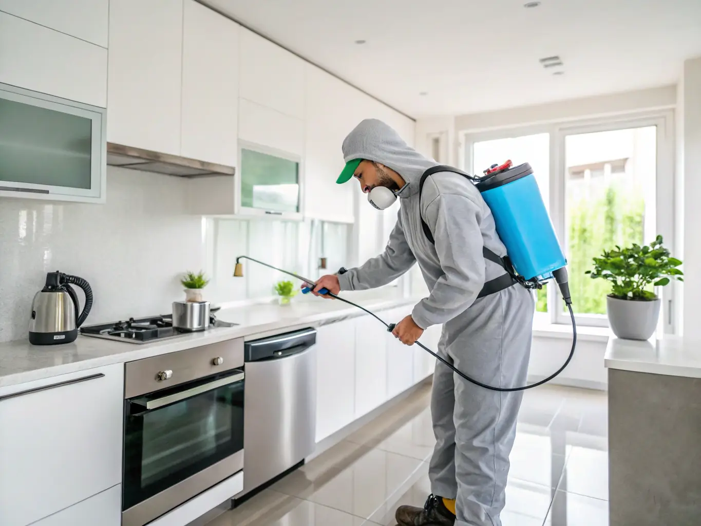 A technician wearing protective gloves and mask applying eco-friendly pest control spray along the baseboards of a living room, with visible safety signage and equipment.
