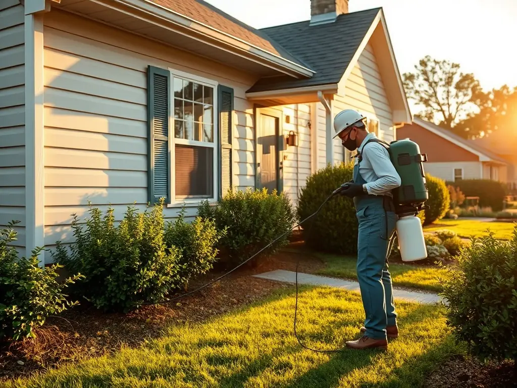 A professional technician applying termite treatment to the foundation of a modern home, with safety gear and equipment, representing effective termite control services in residential settings.