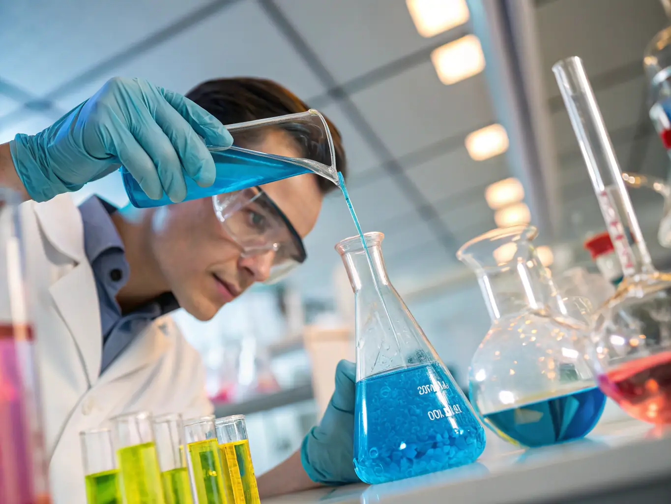 A close-up of a technician carefully mixing pest control chemicals with gloves and mask, next to labeled, government-approved containers, in a clean workspace, emphasizing safety and compliance.