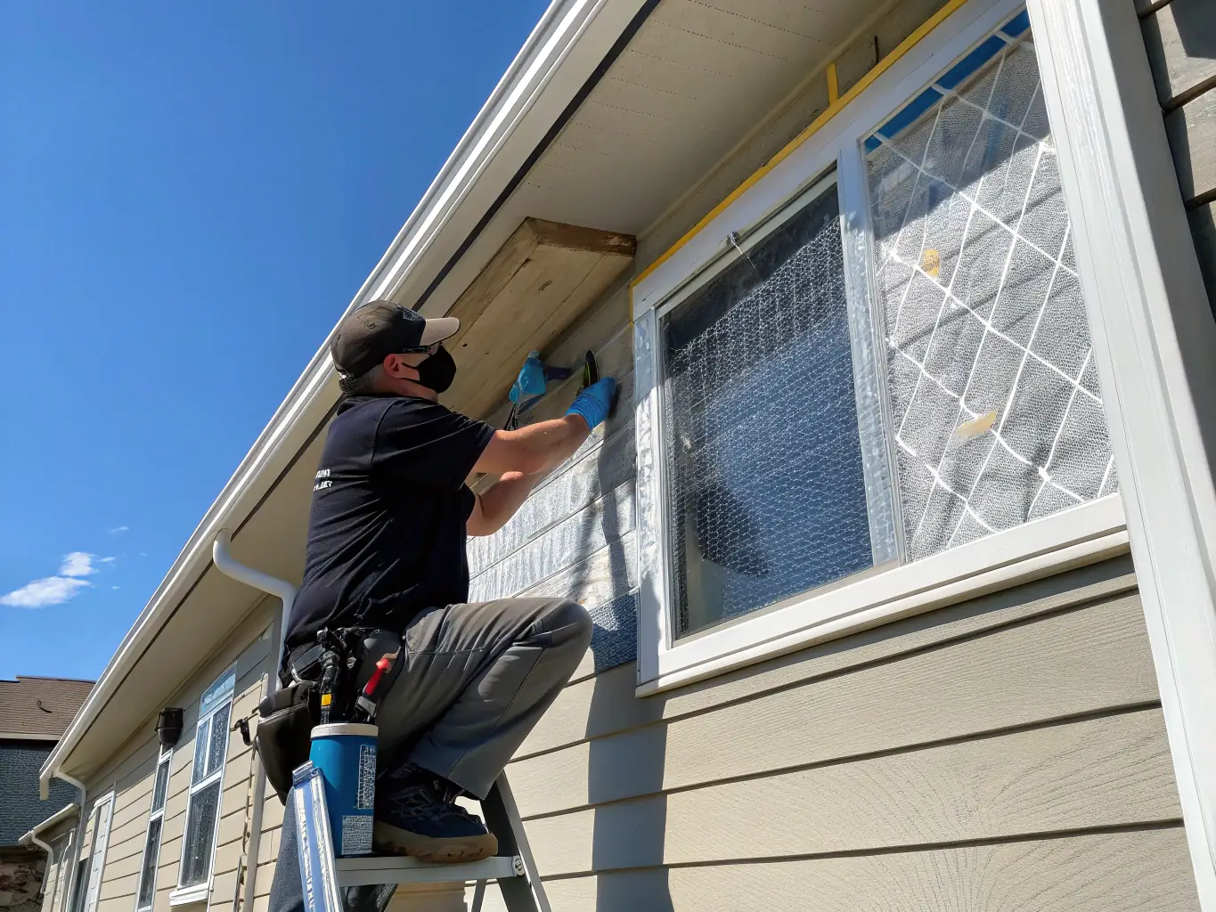 A Span Shield technician sealing cracks and gaps around windows and doors with caulking, demonstrating preventive pest control measures in a well-lit residential setting.